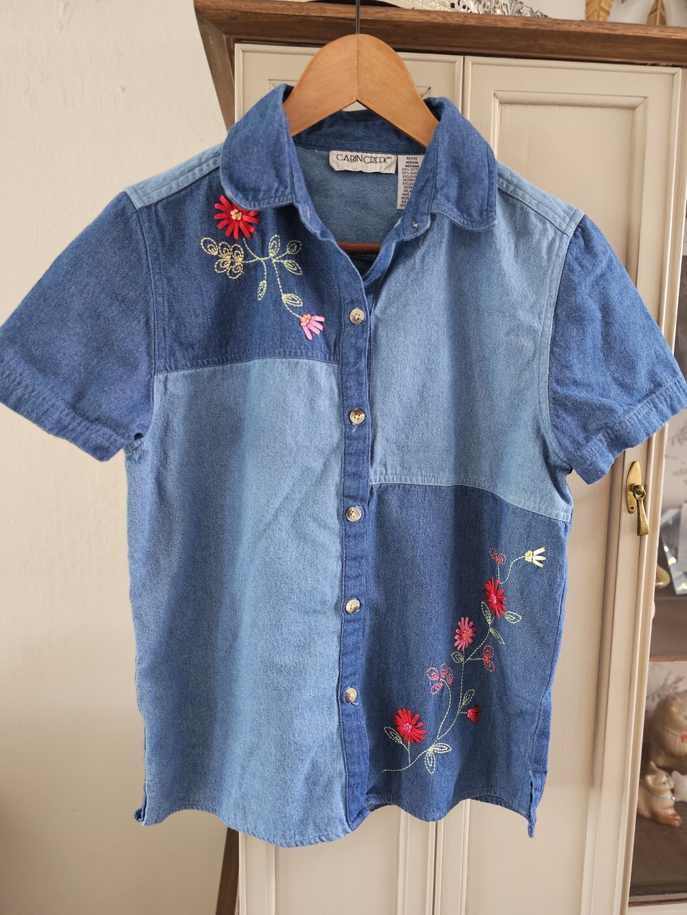Vintage Cabin Creek Patchwork Denim Button-Down with Red/Pink Floral Embroidery